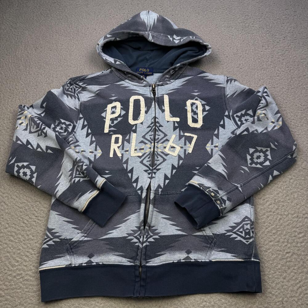 Polo Ralph Lauren Hoodie Boys Large Blue Aztec RL67 Full Zip Cotton Sweatshirt